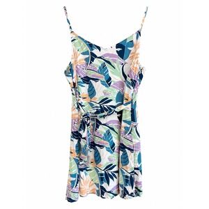 Roxy Tropical Palm Leaf Sundress Dress M White Adjustable Straps Tie Waist Boho